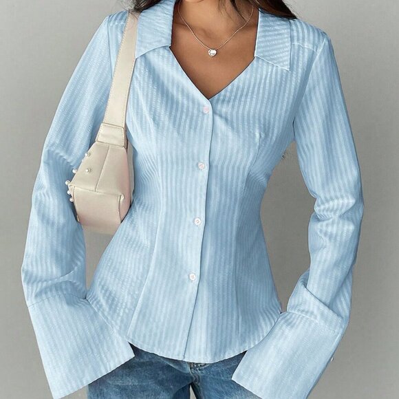 blue Casual Women's Turndown Collar Long Sleeve button down shirt - Picture 6 of 6